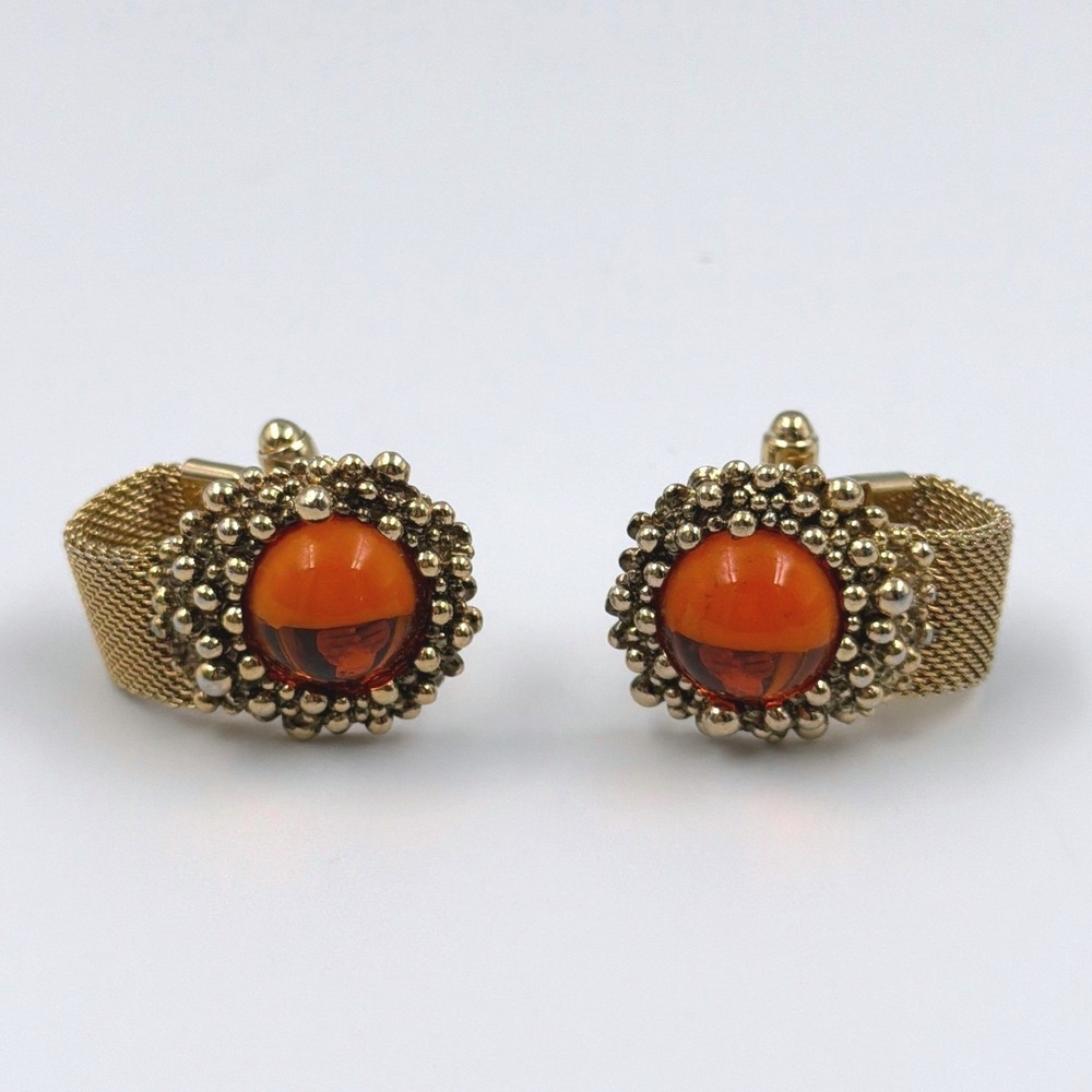 1970 Vintage Amber Cabochon Cufflinks Gold Tone Mesh Wrap Statement Retro Mens